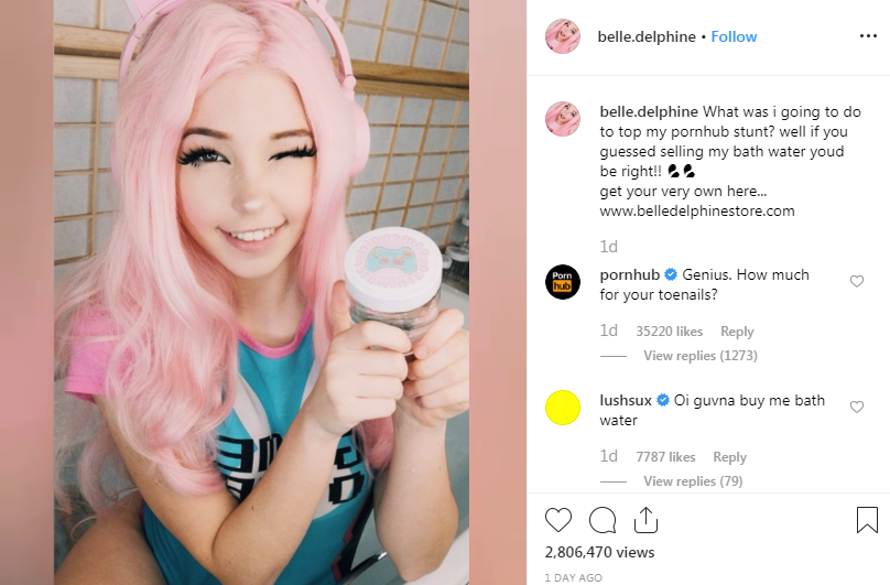 Belle Delphine's Instagram post promoting her gamer girl bath water