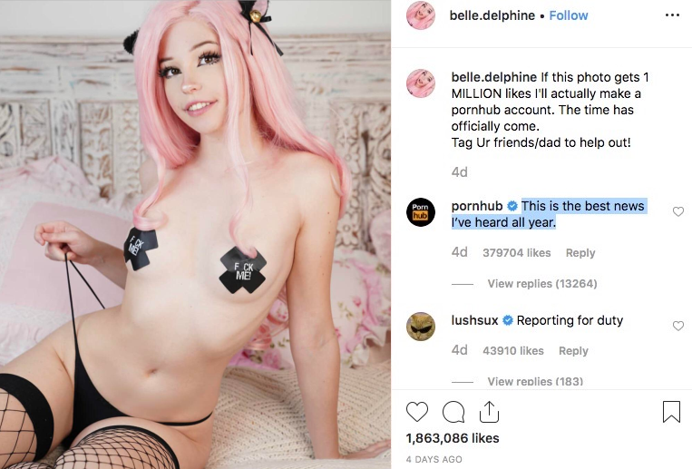 Belle Delphine's Instagram Post 1 million likes with Pornhub response